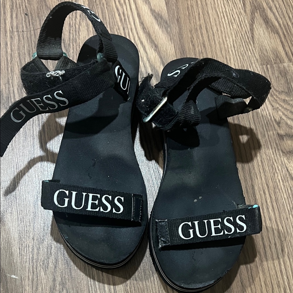 Guess Black Logo Strap Platform Sandals with White Branding